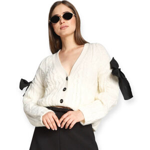 Red Valentino Aran Bow Cropped Cardigan Cable Knit White Size XS fits Small NWT